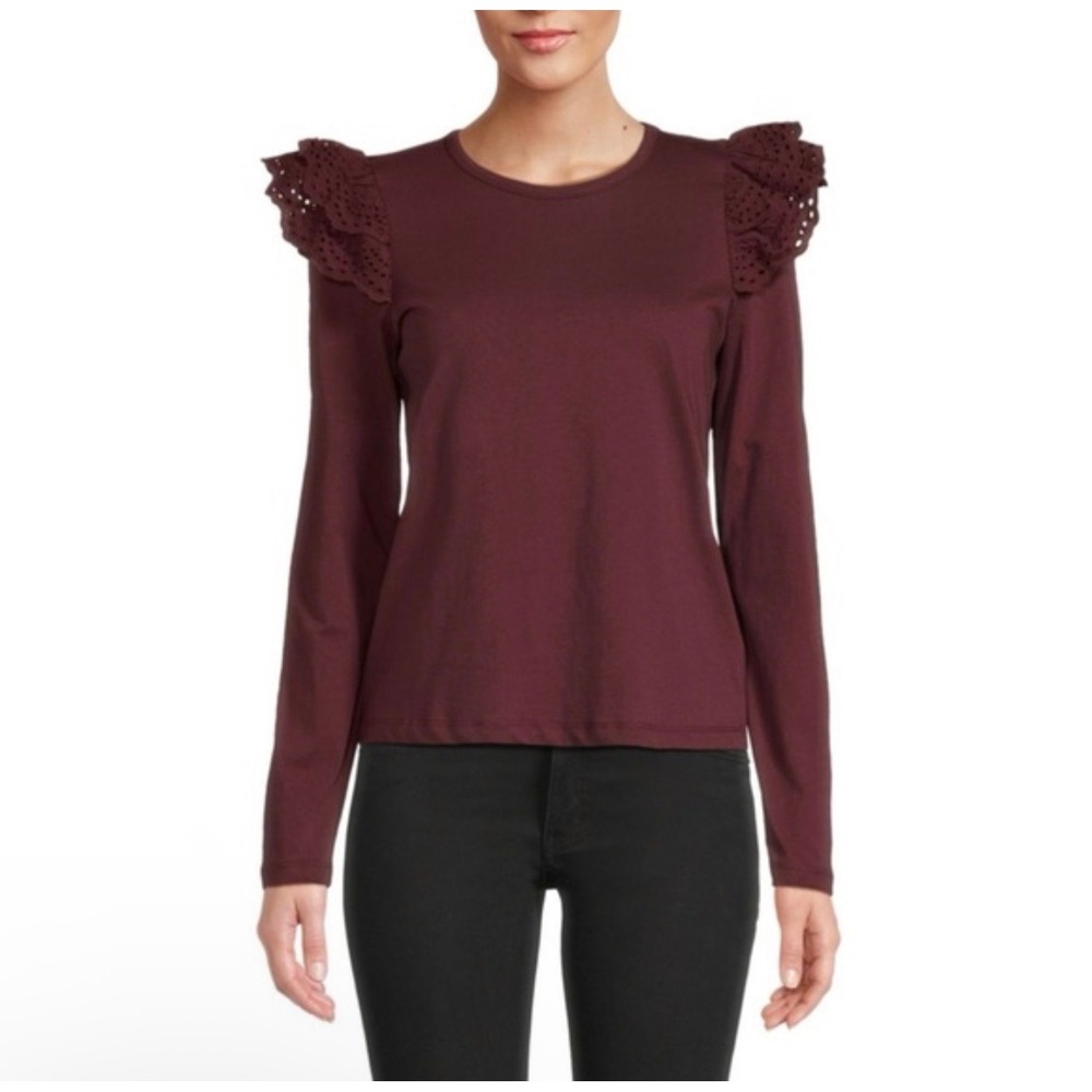 Joes Jeans Burgundy Long Sleeve Top Eyelet Ruffle Shoulders Size Medium